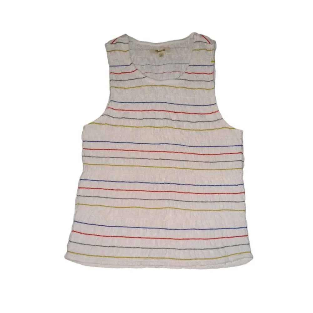 Madewell Rainbow Multicolor Embroidered Striped Rouched Cream Tank Top - Picture 1 of 2